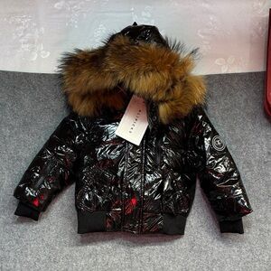 AliPicks Shiny Black Puffer Jacket with removable Fur Hood with pockets 2T